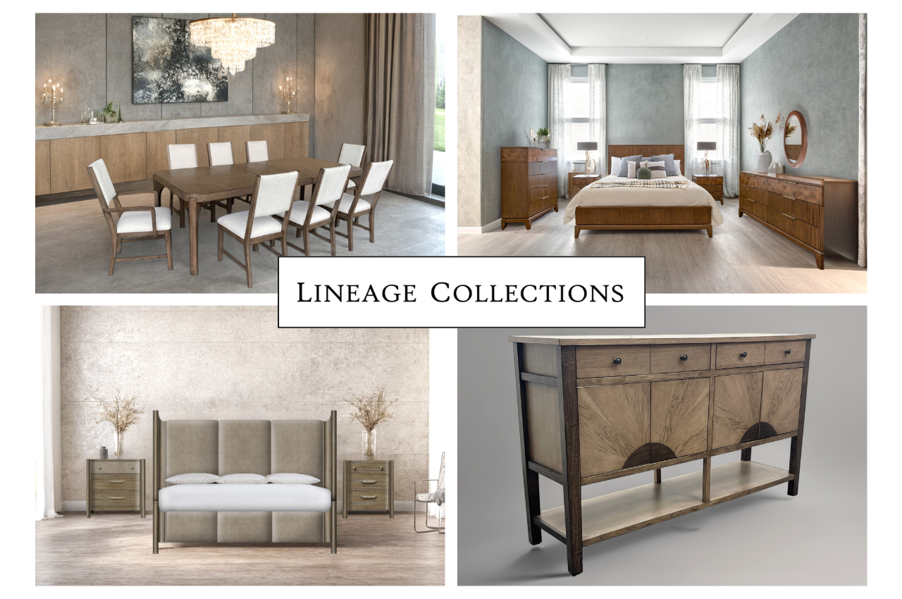 Blog Cover Image Template 4 AI-generated images are shown on a grid with a Lineage Collections logo in the middle. The AI images show two bedroom sets and a dining room set in lifestyle enviornments, and a side table in an elevated silhouette style