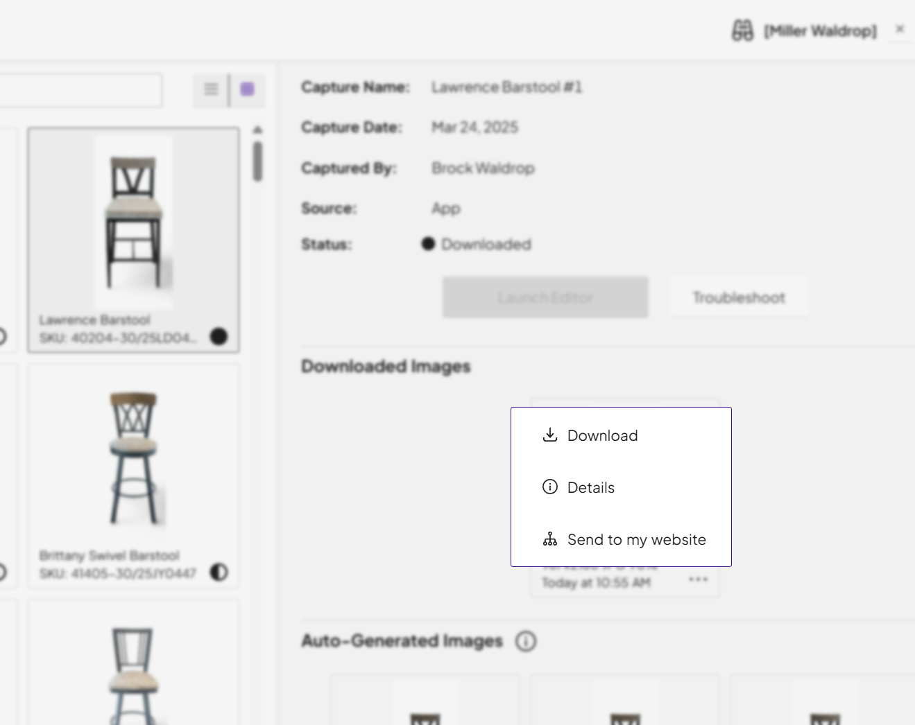 PyxMagic Interface – Transfer Image to Website A screen shot of the PyxMagic user interface with the option to share images directly to the customer's website.