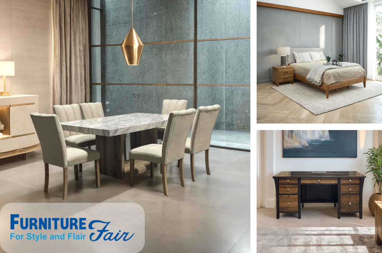 Furniture Fair Featured Furniture Fair logo with images of a dining table, desk and bed generated with different AI backgrounds placing the products in a stylish home environment