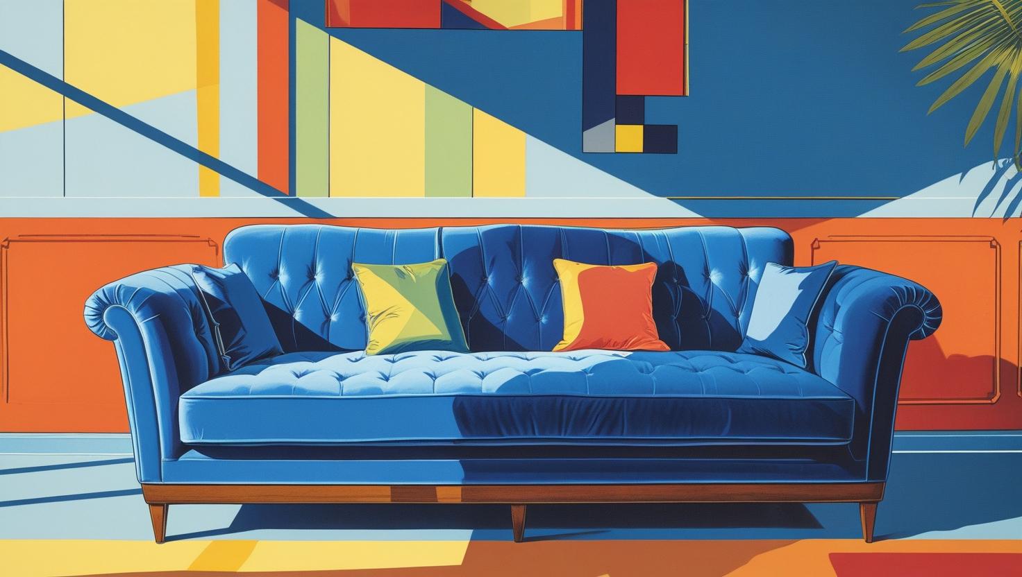 An AI generated blue couch in a color pop drawing style.