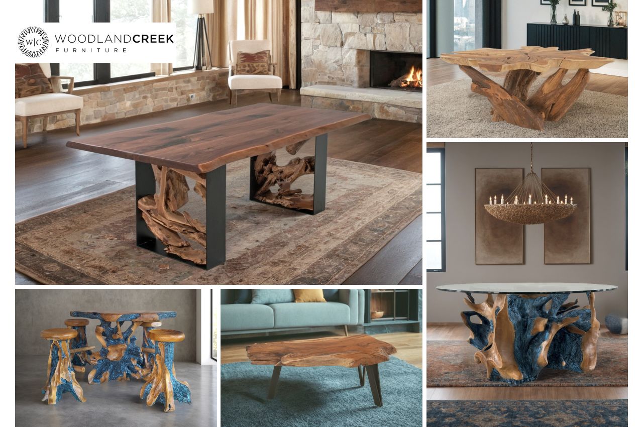 A series of 5 different pieces of unique wood furniture, including dining and coffee tables, a bar with stools and entryway tables. All are unique custom pieces placed in lifestyle environments using PyxMagic AI.